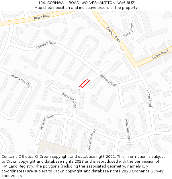 104, CORNWALL ROAD, WOLVERHAMPTON, WV6 8UZ: Location map and indicative extent of plot