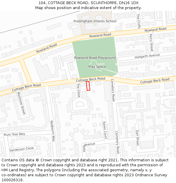 104, COTTAGE BECK ROAD, SCUNTHORPE, DN16 1DX: Location map and indicative extent of plot