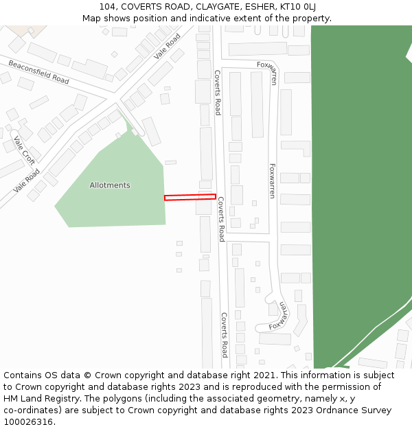 104, COVERTS ROAD, CLAYGATE, ESHER, KT10 0LJ: Location map and indicative extent of plot