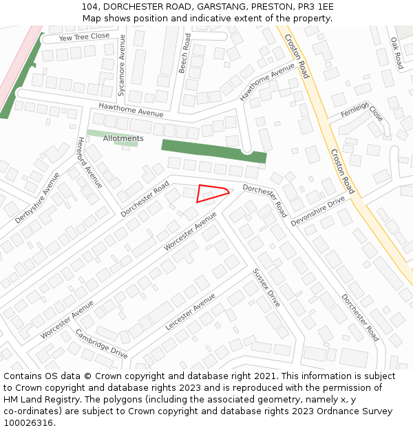 104, DORCHESTER ROAD, GARSTANG, PRESTON, PR3 1EE: Location map and indicative extent of plot