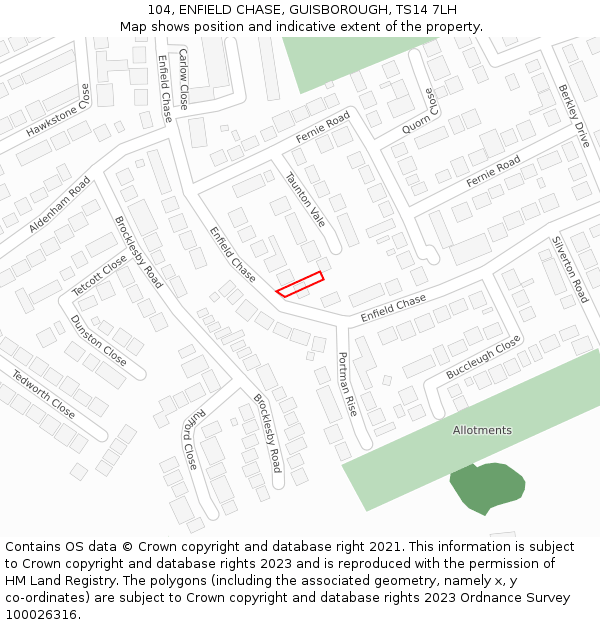 104, ENFIELD CHASE, GUISBOROUGH, TS14 7LH: Location map and indicative extent of plot