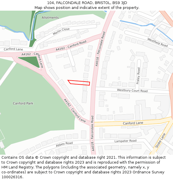 104, FALCONDALE ROAD, BRISTOL, BS9 3JD: Location map and indicative extent of plot