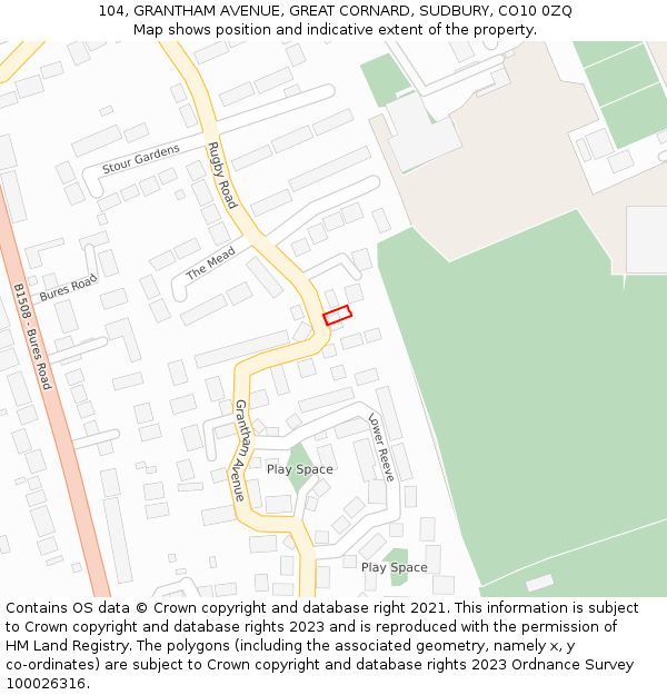 104, GRANTHAM AVENUE, GREAT CORNARD, SUDBURY, CO10 0ZQ: Location map and indicative extent of plot