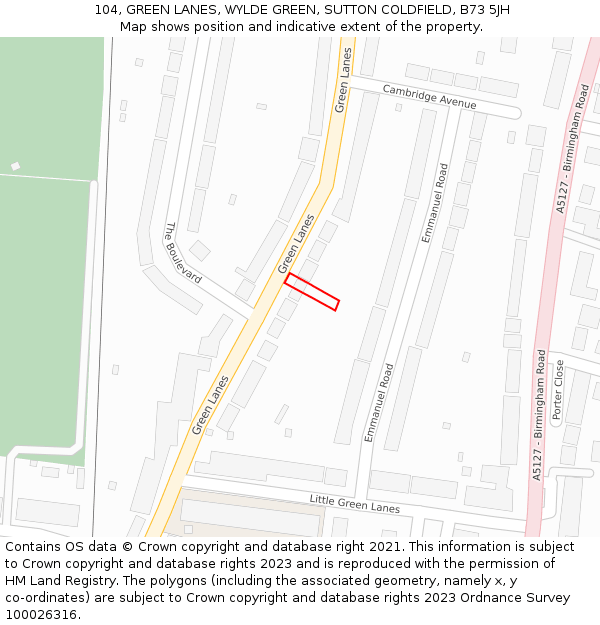 104, GREEN LANES, WYLDE GREEN, SUTTON COLDFIELD, B73 5JH: Location map and indicative extent of plot