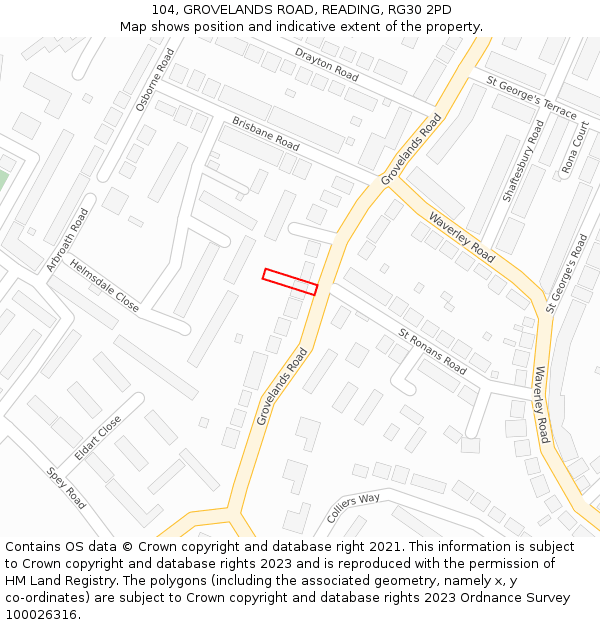 104, GROVELANDS ROAD, READING, RG30 2PD: Location map and indicative extent of plot