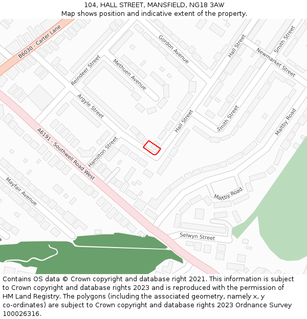 104, HALL STREET, MANSFIELD, NG18 3AW: Location map and indicative extent of plot