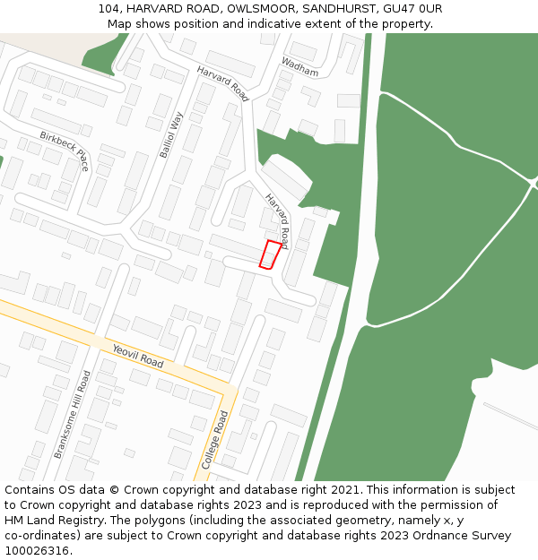 104, HARVARD ROAD, OWLSMOOR, SANDHURST, GU47 0UR: Location map and indicative extent of plot