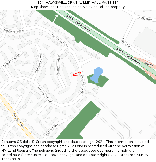 104, HAWKSWELL DRIVE, WILLENHALL, WV13 3EN: Location map and indicative extent of plot