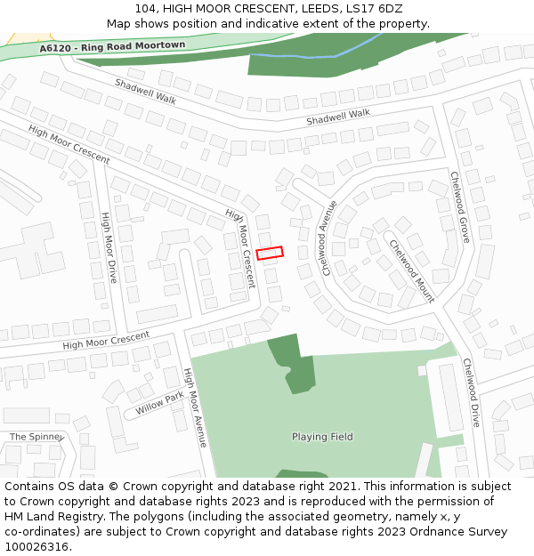 104, HIGH MOOR CRESCENT, LEEDS, LS17 6DZ: Location map and indicative extent of plot