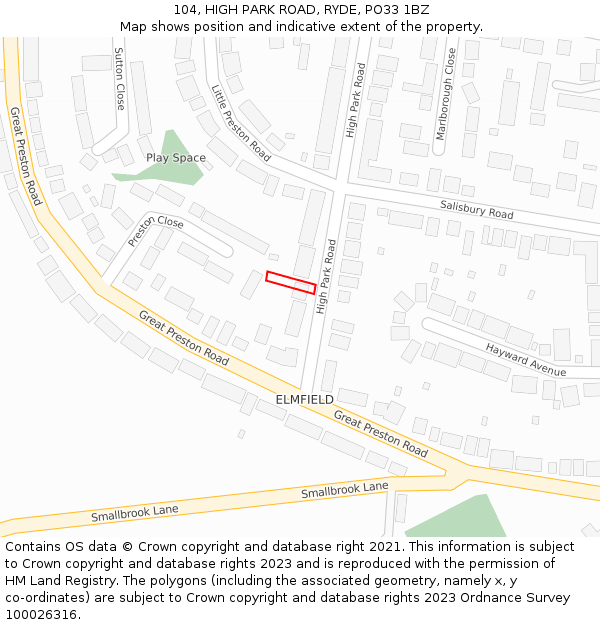 104, HIGH PARK ROAD, RYDE, PO33 1BZ: Location map and indicative extent of plot