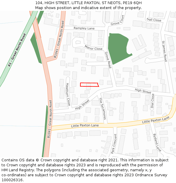 104, HIGH STREET, LITTLE PAXTON, ST NEOTS, PE19 6QH: Location map and indicative extent of plot