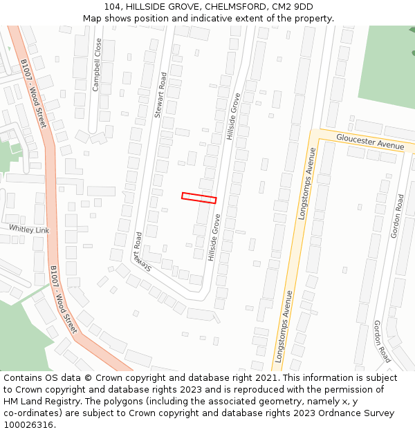104, HILLSIDE GROVE, CHELMSFORD, CM2 9DD: Location map and indicative extent of plot