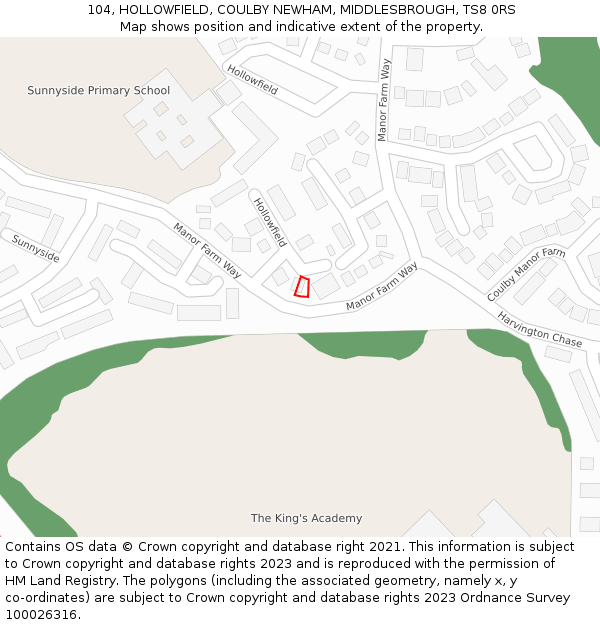 104, HOLLOWFIELD, COULBY NEWHAM, MIDDLESBROUGH, TS8 0RS: Location map and indicative extent of plot