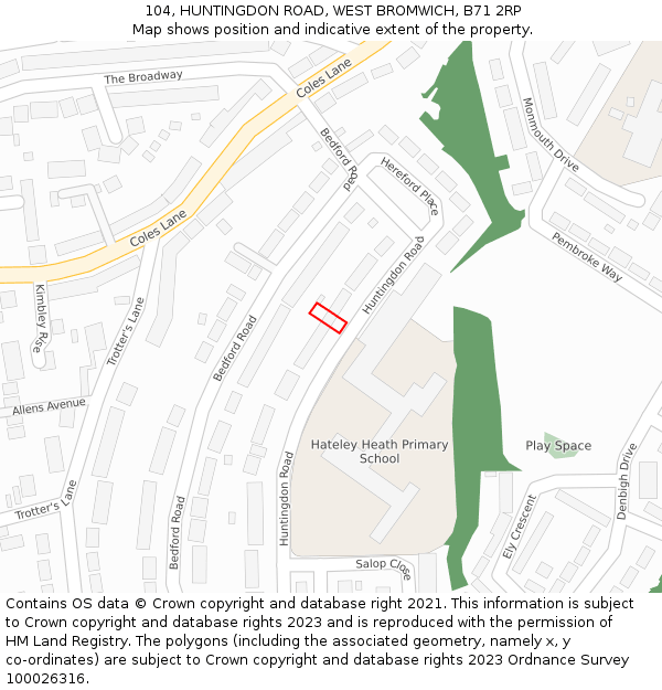 104, HUNTINGDON ROAD, WEST BROMWICH, B71 2RP: Location map and indicative extent of plot