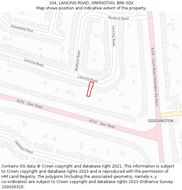 104, LANCING ROAD, ORPINGTON, BR6 0QX: Location map and indicative extent of plot