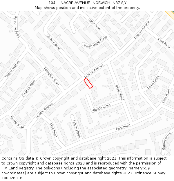 104, LINACRE AVENUE, NORWICH, NR7 8JY: Location map and indicative extent of plot