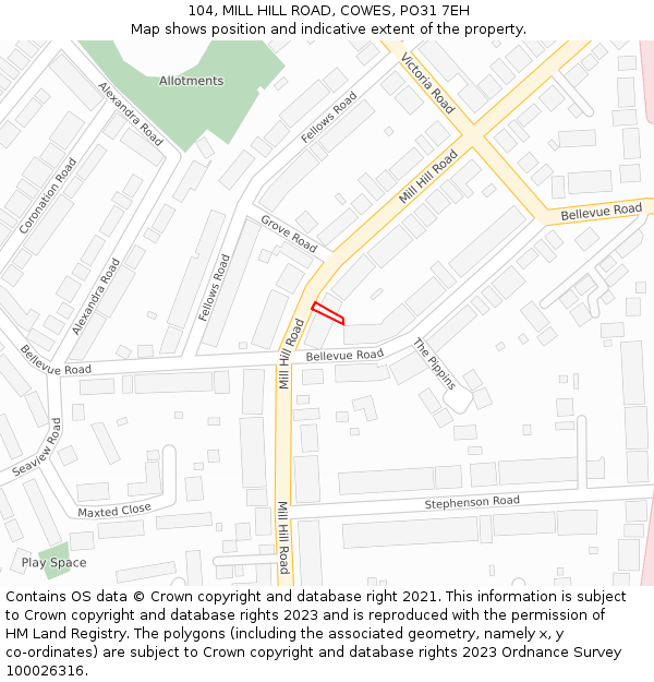 104, MILL HILL ROAD, COWES, PO31 7EH: Location map and indicative extent of plot
