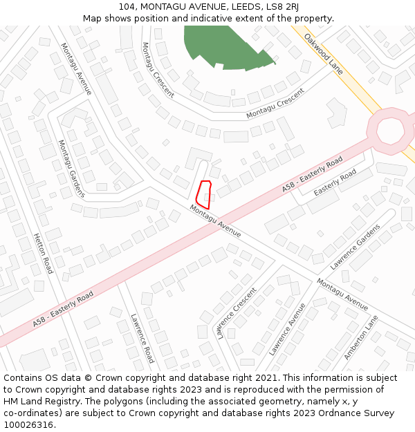 104, MONTAGU AVENUE, LEEDS, LS8 2RJ: Location map and indicative extent of plot