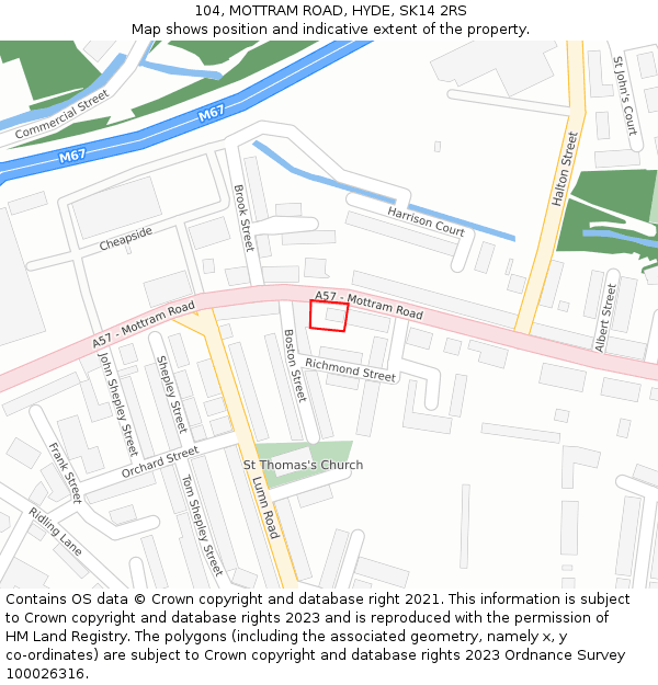104, MOTTRAM ROAD, HYDE, SK14 2RS: Location map and indicative extent of plot