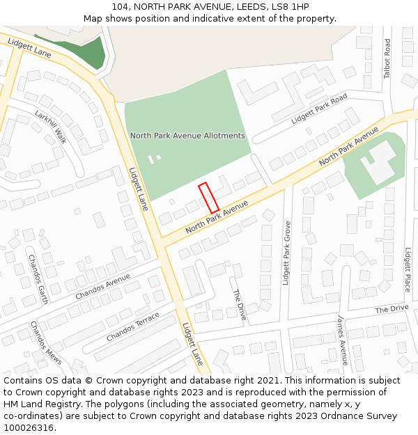 104, NORTH PARK AVENUE, LEEDS, LS8 1HP: Location map and indicative extent of plot