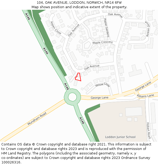 104, OAK AVENUE, LODDON, NORWICH, NR14 6FW: Location map and indicative extent of plot