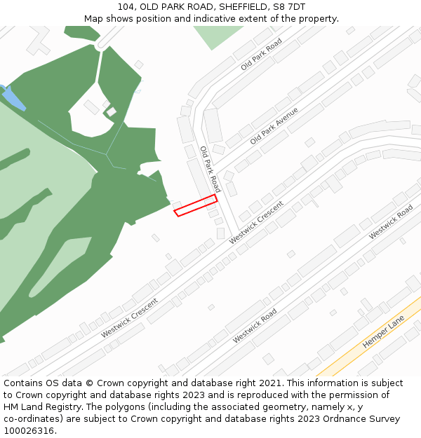 104, OLD PARK ROAD, SHEFFIELD, S8 7DT: Location map and indicative extent of plot