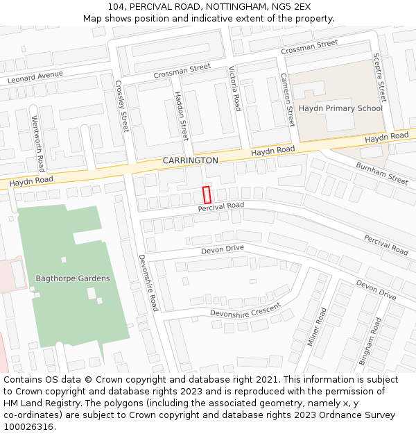 104, PERCIVAL ROAD, NOTTINGHAM, NG5 2EX: Location map and indicative extent of plot