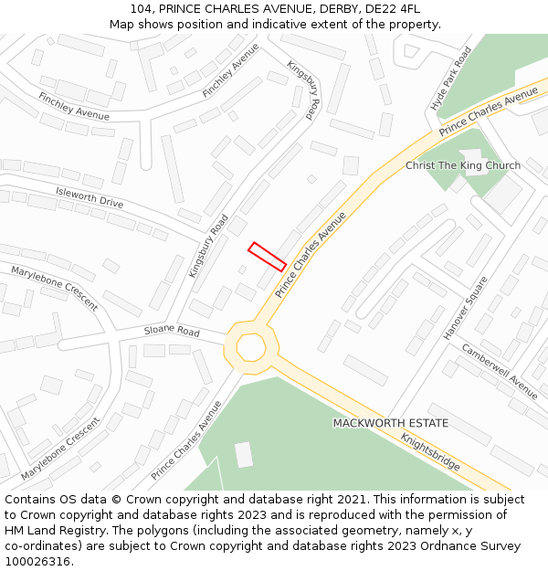 104, PRINCE CHARLES AVENUE, DERBY, DE22 4FL: Location map and indicative extent of plot