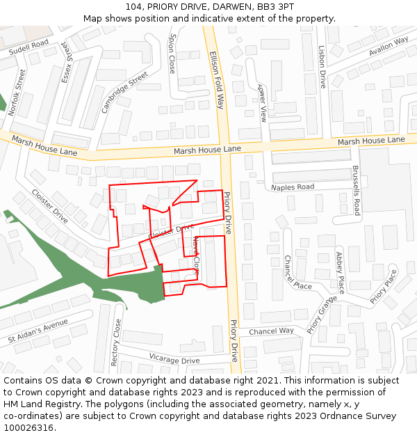 104, PRIORY DRIVE, DARWEN, BB3 3PT: Location map and indicative extent of plot