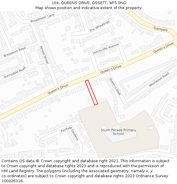 104, QUEENS DRIVE, OSSETT, WF5 0NG: Location map and indicative extent of plot