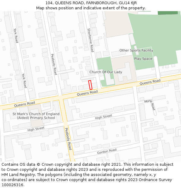 104, QUEENS ROAD, FARNBOROUGH, GU14 6JR: Location map and indicative extent of plot