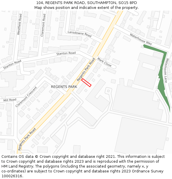 104, REGENTS PARK ROAD, SOUTHAMPTON, SO15 8PD: Location map and indicative extent of plot