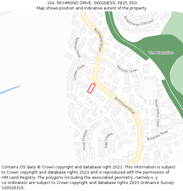 104, RICHMOND DRIVE, SKEGNESS, PE25 3SG: Location map and indicative extent of plot