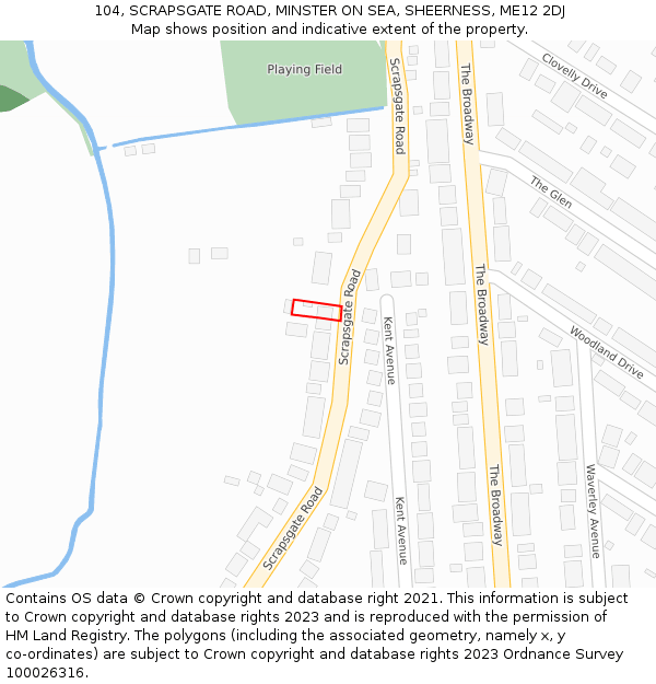 104, SCRAPSGATE ROAD, MINSTER ON SEA, SHEERNESS, ME12 2DJ: Location map and indicative extent of plot