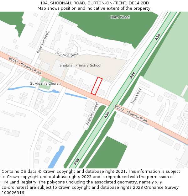 104, SHOBNALL ROAD, BURTON-ON-TRENT, DE14 2BB: Location map and indicative extent of plot