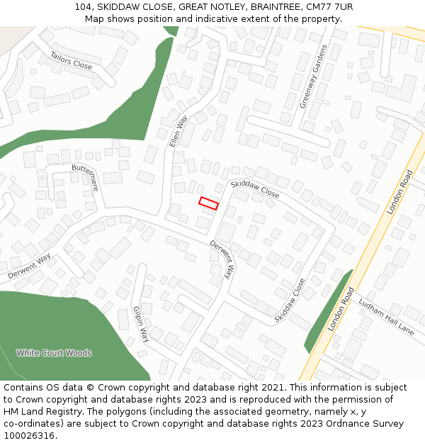 104, SKIDDAW CLOSE, GREAT NOTLEY, BRAINTREE, CM77 7UR: Location map and indicative extent of plot