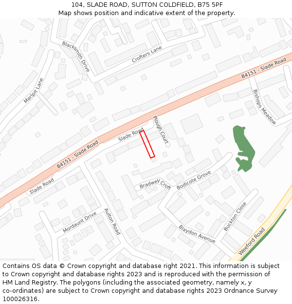 104, SLADE ROAD, SUTTON COLDFIELD, B75 5PF: Location map and indicative extent of plot