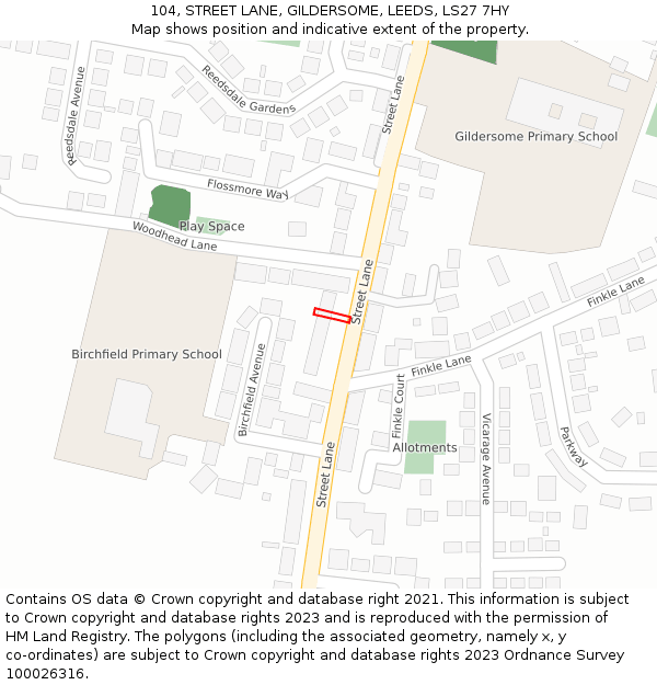 104, STREET LANE, GILDERSOME, LEEDS, LS27 7HY: Location map and indicative extent of plot