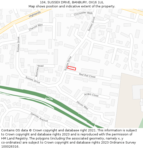 104, SUSSEX DRIVE, BANBURY, OX16 1UL: Location map and indicative extent of plot
