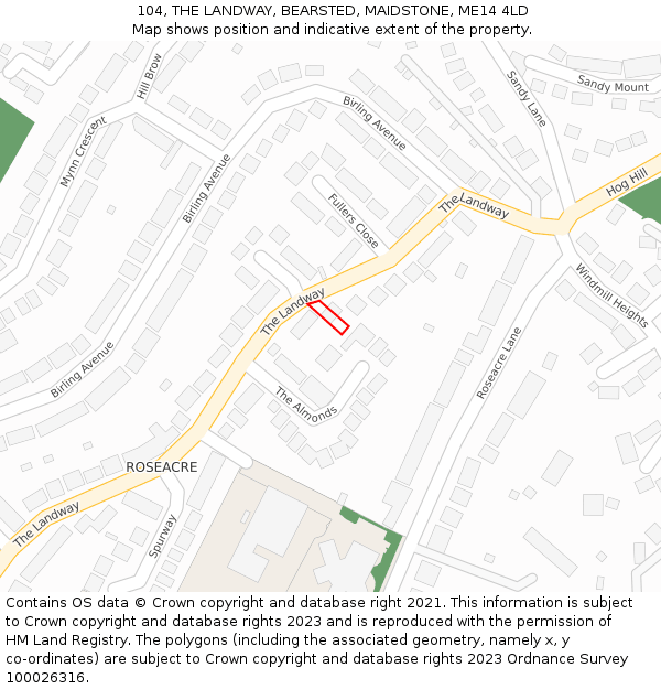 104, THE LANDWAY, BEARSTED, MAIDSTONE, ME14 4LD: Location map and indicative extent of plot