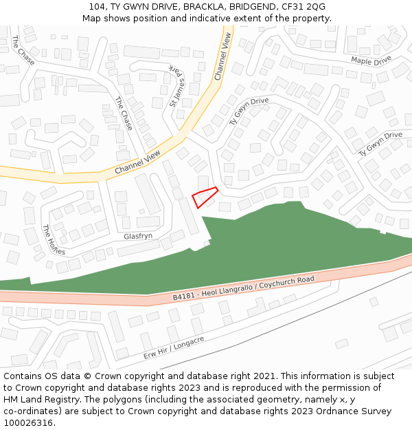 104, TY GWYN DRIVE, BRACKLA, BRIDGEND, CF31 2QG: Location map and indicative extent of plot