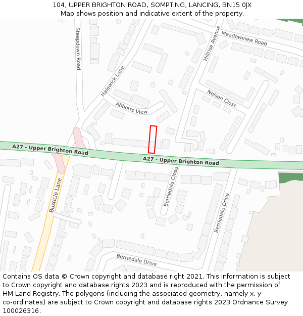 104, UPPER BRIGHTON ROAD, SOMPTING, LANCING, BN15 0JX: Location map and indicative extent of plot
