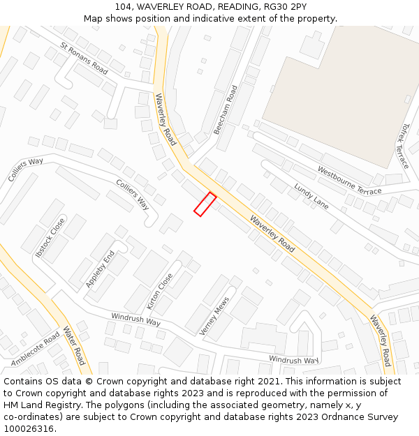 104, WAVERLEY ROAD, READING, RG30 2PY: Location map and indicative extent of plot