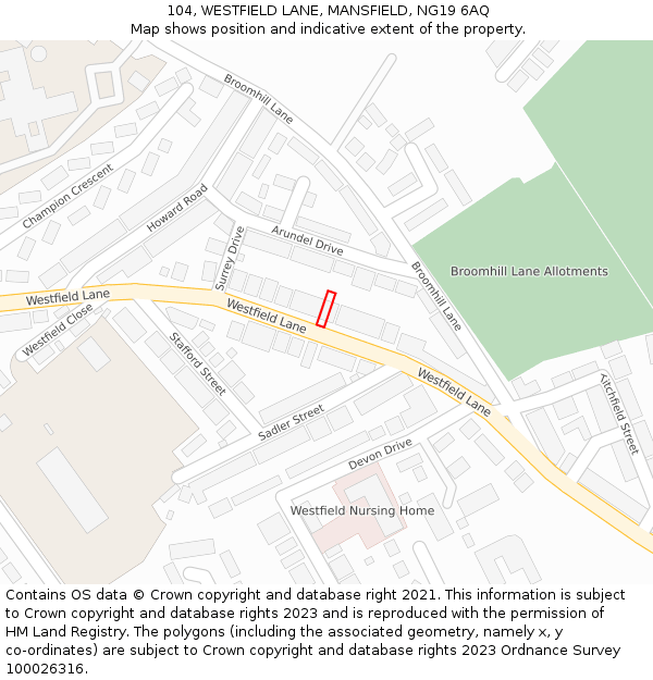 104, WESTFIELD LANE, MANSFIELD, NG19 6AQ: Location map and indicative extent of plot