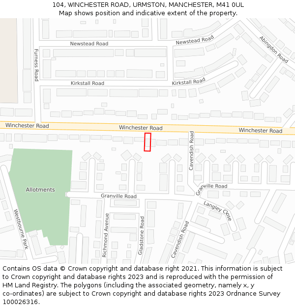 104, WINCHESTER ROAD, URMSTON, MANCHESTER, M41 0UL: Location map and indicative extent of plot
