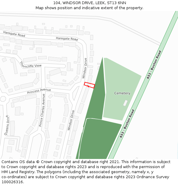 104, WINDSOR DRIVE, LEEK, ST13 6NN: Location map and indicative extent of plot