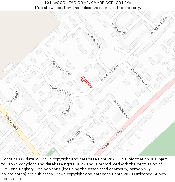 104, WOODHEAD DRIVE, CAMBRIDGE, CB4 1YX: Location map and indicative extent of plot