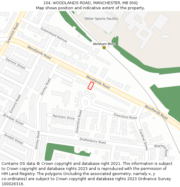 104, WOODLANDS ROAD, MANCHESTER, M8 0NQ: Location map and indicative extent of plot