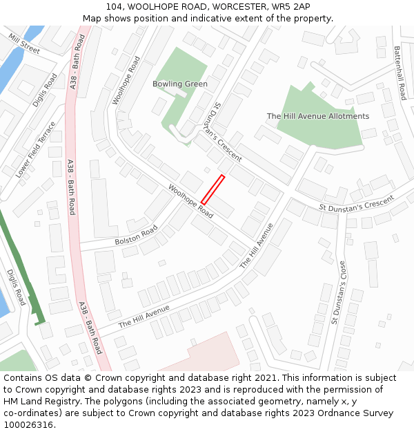 104, WOOLHOPE ROAD, WORCESTER, WR5 2AP: Location map and indicative extent of plot