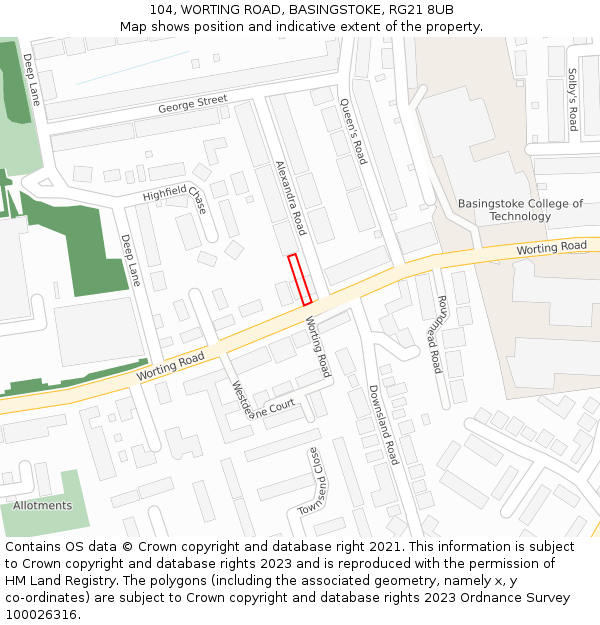 104, WORTING ROAD, BASINGSTOKE, RG21 8UB: Location map and indicative extent of plot